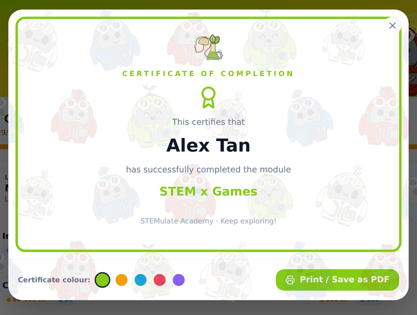 A STEMulate Academy module certificate
