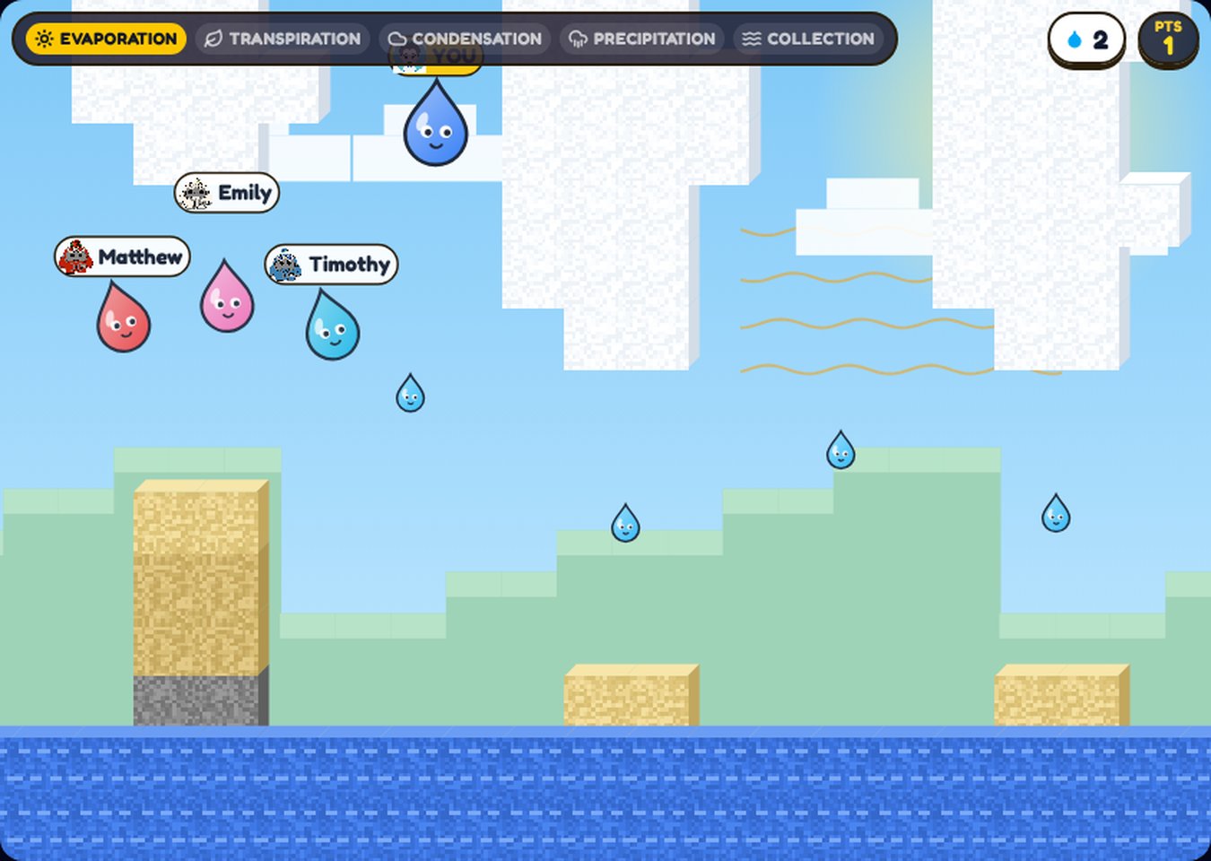Drippy's Water Cycle Dash: a water drop flying through a blocky world