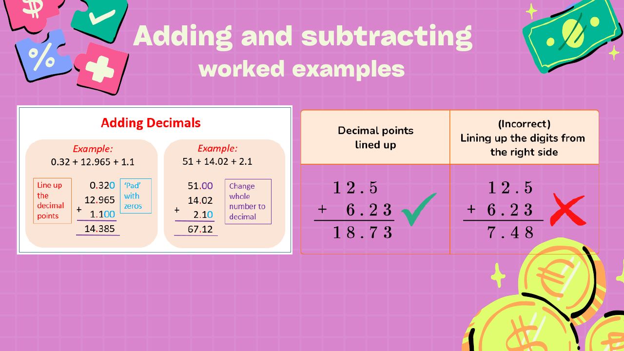 Workshop slide: Adding and subtracting decimals, worked examples